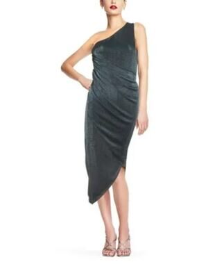 Aidan Mattox Teal Green Cocktail Dress Metallic One Shoulder Sheath Size 14